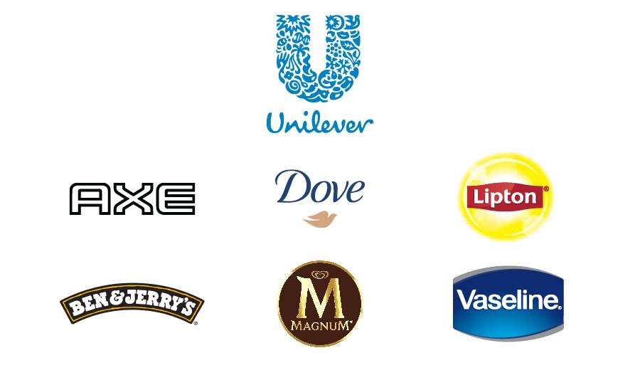 A diagram showing how the Unilever logo bares no visual resemblance to several brands in it's portfolio, and they bare no resemblance to one another. The brands beneath Unilever include Axe, Dove, Lipton, Ben & Jerry's, Magnum, and Vaseline.