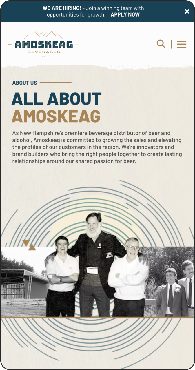 Amoskeag Beverages mobile web page "All About Amoskeag"